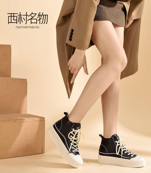 西村名物2022秋季新款高帮帆布鞋贝壳鞋圆头厚底增高饼干鞋44371 商品图4