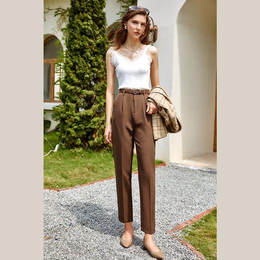 欧芮儿咖色休闲裤女秋季新款2021高腰显瘦气质简约垂感直筒九分裤 商品图1