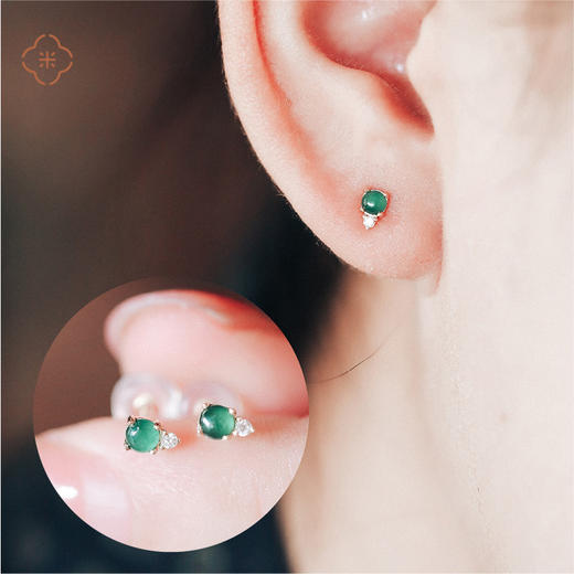 米马饰物  18K金8.4分南非钻精工镶嵌 好水头阳绿翡翠耳钉 商品图1