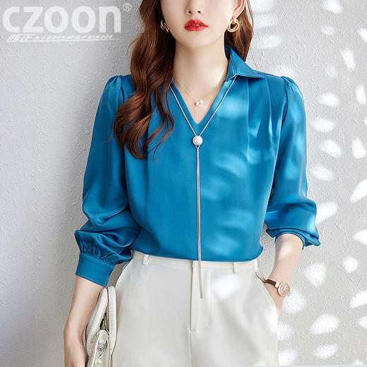 XZ-Q6695设计感项链V领丝绸缎面长袖衬衫女初秋气质真丝打底白衬衫上衣 商品图2