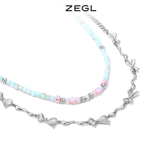 ZEGL设计师新中式串珠叠戴项链女轻奢小众2023年新款蝴蝶结多巴胺穿搭锁骨链 商品图0