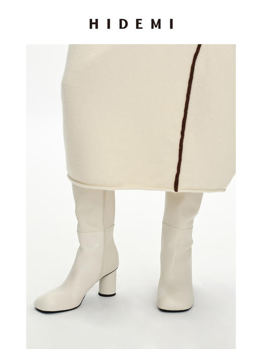 HIDEMI 牛皮圆头粗跟长靴 黑色/白色/波尔多红 商品图7