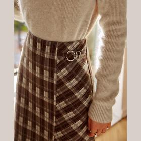 欧芮儿咖色格子半身裙女2021春秋新款高腰气质复古中长款开叉裙子