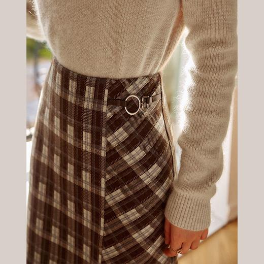 欧芮儿咖色格子半身裙女2021春秋新款高腰气质复古中长款开叉裙子 商品图0