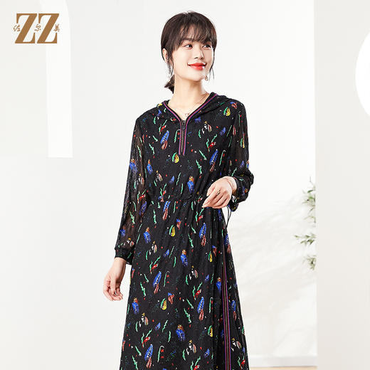佐尔美秋季新款 时尚蕾丝网纱连帽连衣裙女E21LL02 商品图1