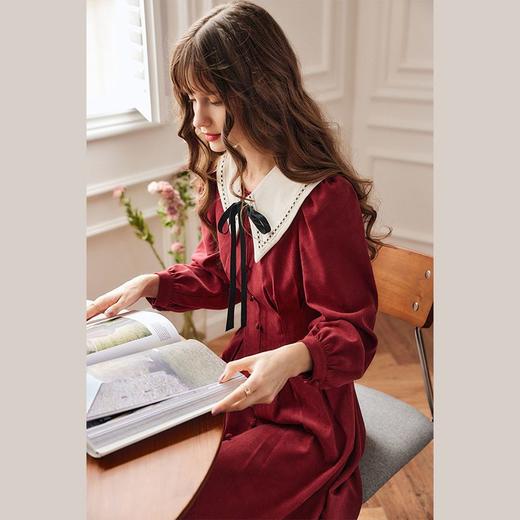 欧芮儿酒红色连衣裙女秋冬新款2021收腰显瘦气质复古灯芯绒茶歇裙 商品图3