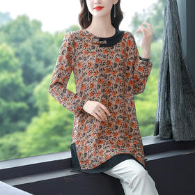 KQL A83N6063棉麻提花衬衫宽松遮肚盘扣民族风碎花