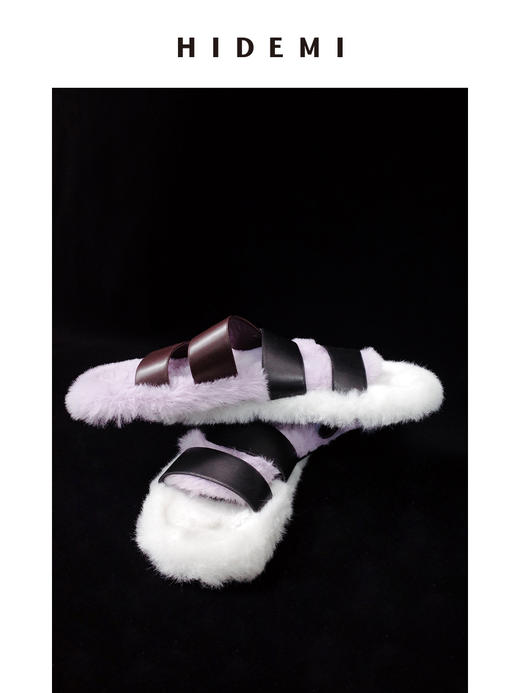 HIDEMI 毛毛底小羊皮设计感拖鞋 白毛/紫毛 商品图1