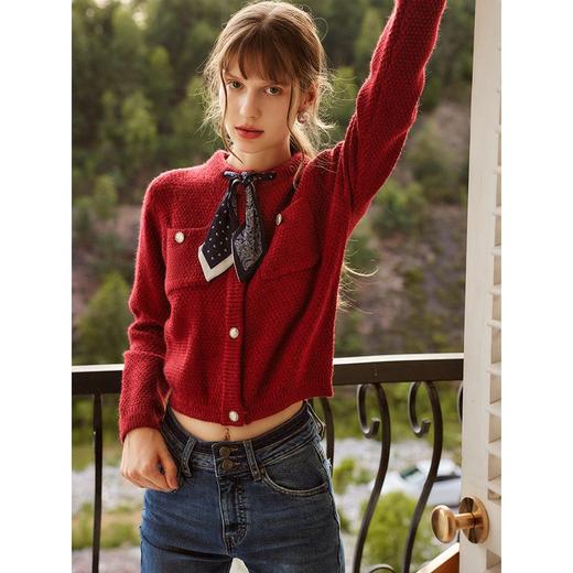 】欧芮儿红色开衫毛衣外套女秋冬新款2021宽松显瘦外穿复古针织上衣 商品图2
