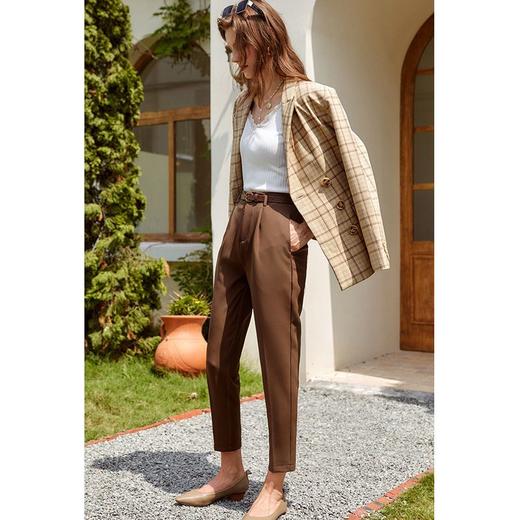欧芮儿咖色休闲裤女秋季新款2021高腰显瘦气质简约垂感直筒九分裤 商品图5