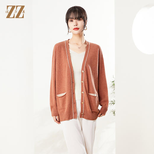 秋季新款 橘红气质艺术图案开衫羊毛衫女E14MS12 商品图0