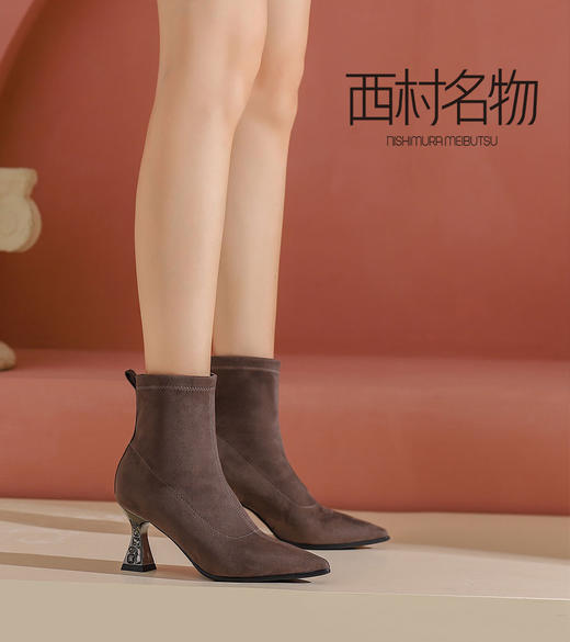西村名物2022秋季新款尖头时装靴短靴瘦瘦靴高跟踝靴女真皮43991 商品图4