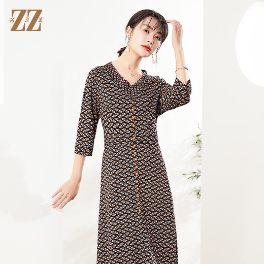 佐尔美秋季新款 V领7分袖小碎花连衣裙E21LL04 商品图3