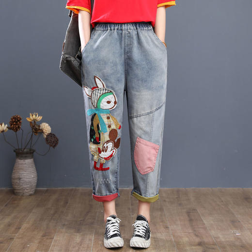HY-哈伦老爹裤 复古宽松牛仔七分裤女夏季薄款高腰卡通刺绣宽松大码哈伦老爹裤潮 商品图3
