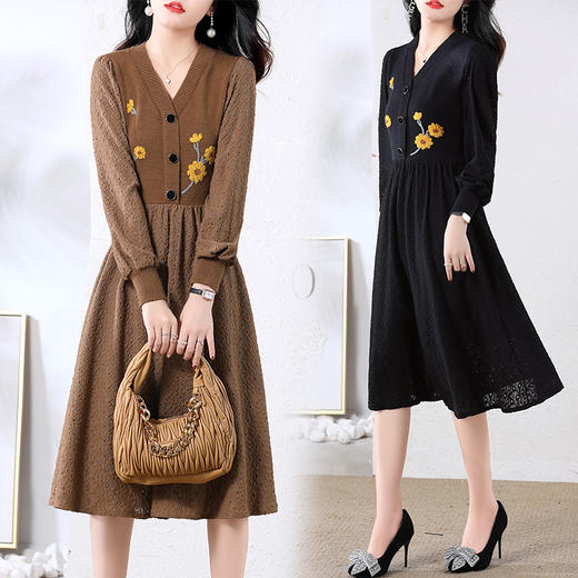 新款洋气，刺绣百搭显瘦小v领立体纹路毛衣拼接连衣裙HR-YBER2288 商品图0