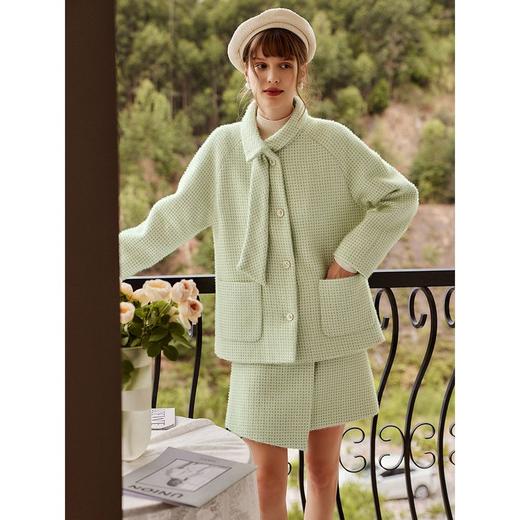 欧芮儿绿色格子半身裙女春装新款2025高腰显瘦气质复古不规则裙子 商品图2