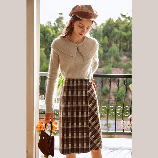 欧芮儿咖色格子半身裙女2021春秋新款高腰气质复古中长款开叉裙子 商品图1