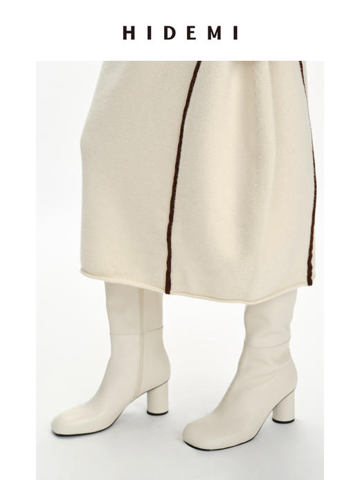 HIDEMI 牛皮圆头粗跟长靴 黑色/白色/波尔多红 商品图6