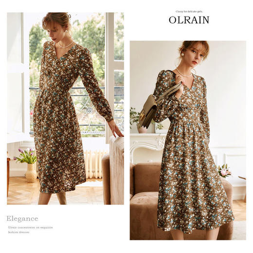 欧芮儿碎花连衣裙女冬季2025年新款收腰显瘦法式复古V领中长a字裙 商品图5