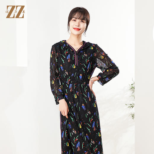 佐尔美秋季新款 时尚蕾丝网纱连帽连衣裙女E21LL02 商品图2