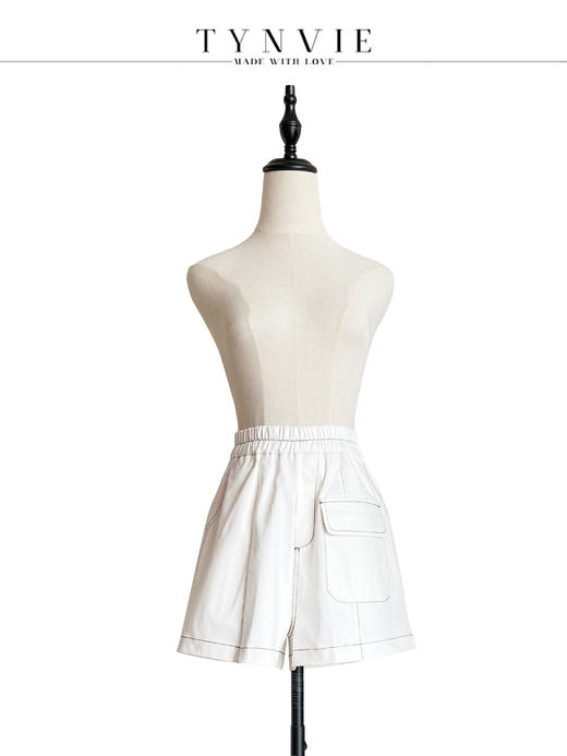 TYNVIE 明线松紧腰休闲短裤-白色 商品图3