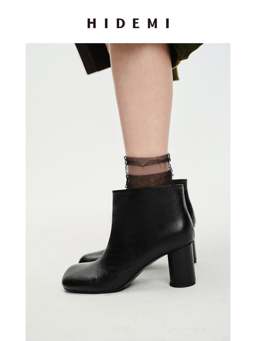 HIDEMI 蜥蜴纹圆头极简粗跟踝靴短靴 商品图0
