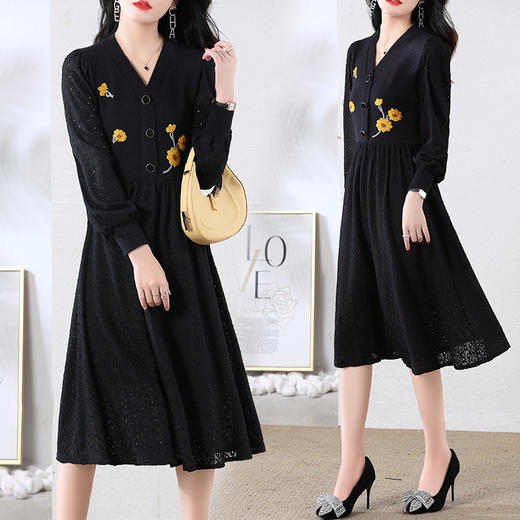 新款洋气，刺绣百搭显瘦小v领立体纹路毛衣拼接连衣裙HR-YBER2288 商品图4