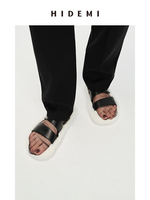 HIDEMI 毛毛底小羊皮设计感拖鞋 白毛/紫毛 商品图4