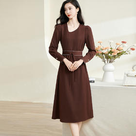 剩S/M/L/XL/XXL 米思阳2026春季新款气质通勤咖色连衣裙系带收腰长袖中长裙子2891