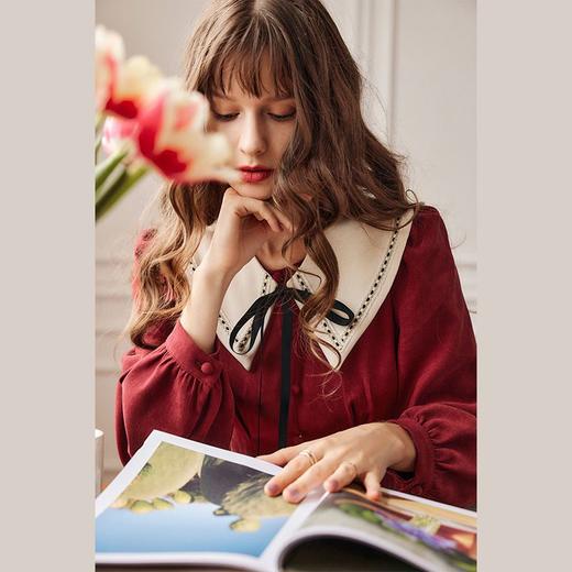 欧芮儿酒红色连衣裙女秋冬新款2021收腰显瘦气质复古灯芯绒茶歇裙 商品图1