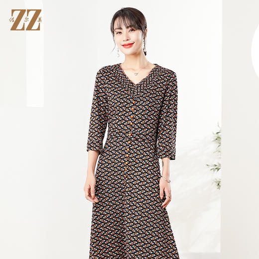 佐尔美秋季新款 V领7分袖小碎花连衣裙E21LL04 商品图0