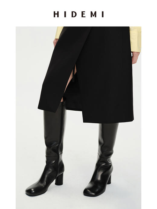 HIDEMI 牛皮圆头粗跟长靴 黑色/白色/波尔多红 商品图1