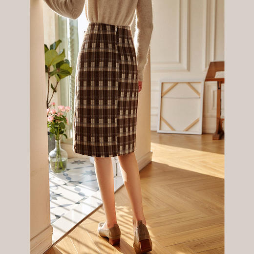 欧芮儿咖色格子半身裙女2021春秋新款高腰气质复古中长款开叉裙子 商品图2