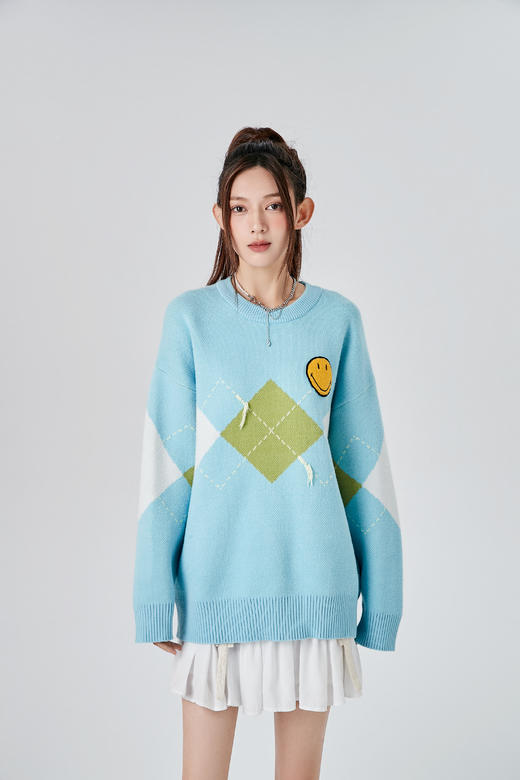 [韩国潮牌] SMILEY 正品微笑秋冬新品经典笑脸毛巾绣菱形提花圆领毛衣518 商品图1