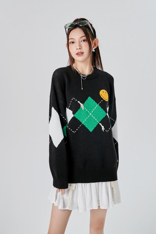 [韩国潮牌] SMILEY 正品微笑秋冬新品经典笑脸毛巾绣菱形提花圆领毛衣518 商品图2