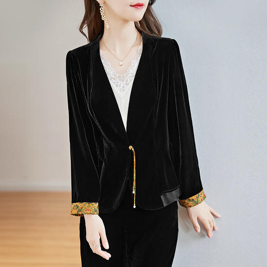 大码真丝绒小西装外套复古撞色修身显瘦桑蚕丝上衣ZS-9193 商品图1