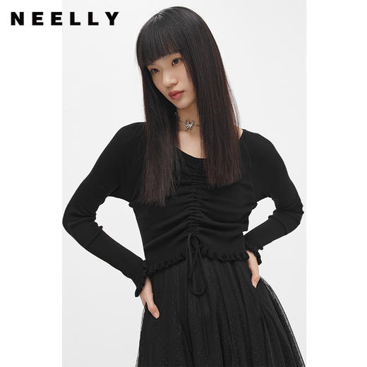 NEELLY纳俪商场同款抽绳显瘦针织衫拼接网纱连衣裙女中长款A字裙N22101Y01020 商品图3
