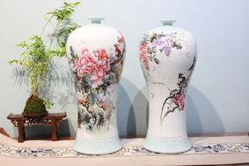 粉彩花鸟对瓶【富贵长寿，紫气东来】