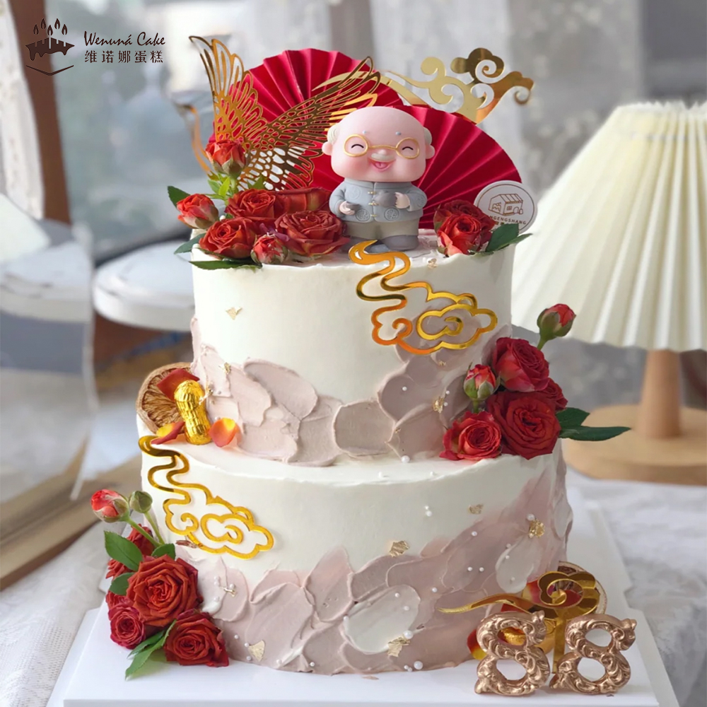 鲜花祝寿款双层生日蛋糕