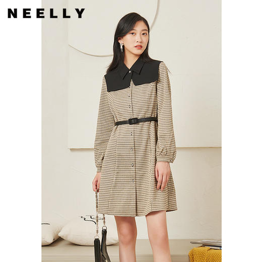 NEELLY纳俪商场同款撞色领格纹连衣裙女秋季新款单排扣收腰A字裙N22014Y03301 商品图0