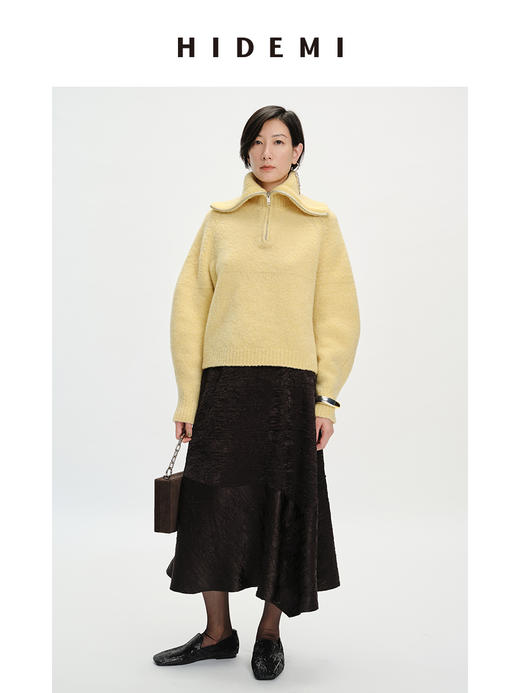HIDEMI 美利奴羊毛缩绒圈圈粗针厚款拉链立领茧型袖毛衣 奶油黄/巧克力色/雾霾蓝 商品图5