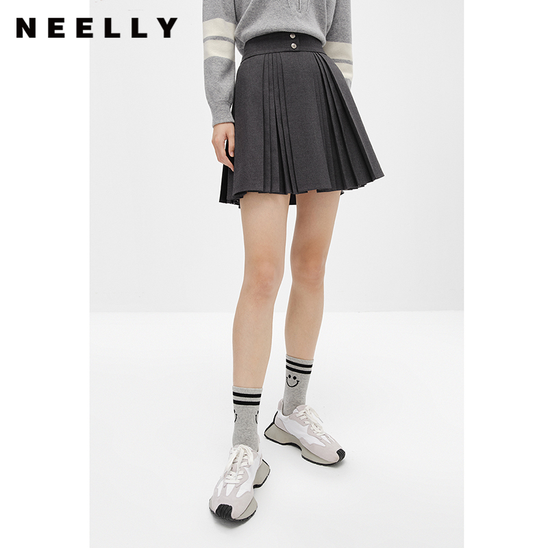 NEELLY纳俪商场同款高腰半身裙女韩系百褶裙新款A字裙时尚短裙潮N22101E01022