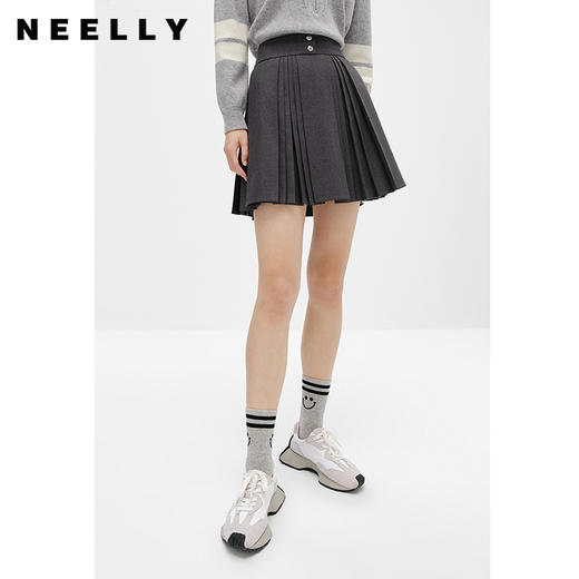 NEELLY纳俪商场同款高腰半身裙女韩系百褶裙新款A字裙时尚短裙潮N22101E01022 商品图0