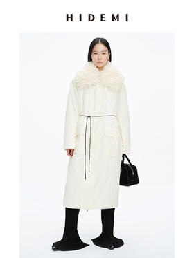 HIDEMI 皮毛一体可拆卸超大卷毛领廓形拉链口袋棉服长款大衣 （黑色/白色 ）