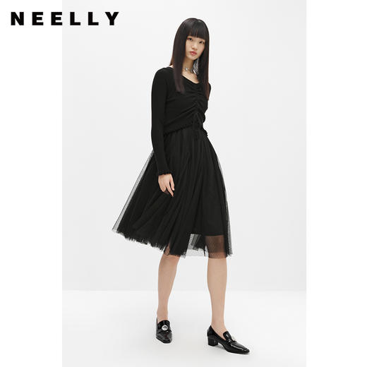 NEELLY纳俪商场同款抽绳显瘦针织衫拼接网纱连衣裙女中长款A字裙N22101Y01020 商品图1