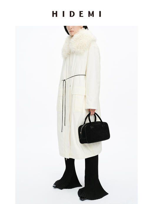 HIDEMI 皮毛一体可拆卸超大卷毛领廓形拉链口袋棉服长款大衣 （黑色/白色 ） 商品图4