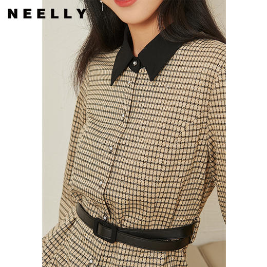 NEELLY纳俪商场同款撞色领格纹连衣裙女秋季新款单排扣收腰A字裙N22014Y03301 商品图3