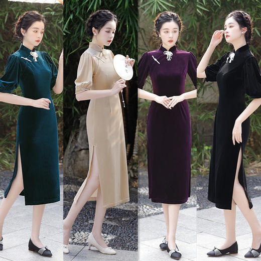 SYK-21615 时尚改良金丝绒灯笼袖中长款旗袍2022秋冬新款现代女士日常旗袍裙 商品图1