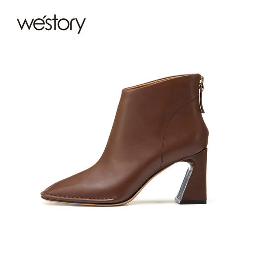 westory秋冬新款方头中缝线纯色粗高跟时装短靴小众82361 商品图2