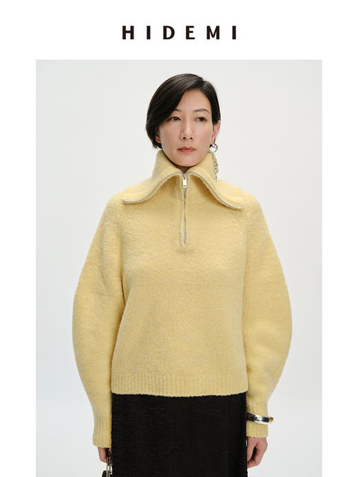 HIDEMI 美利奴羊毛缩绒圈圈粗针厚款拉链立领茧型袖毛衣 奶油黄/巧克力色/雾霾蓝 商品图8